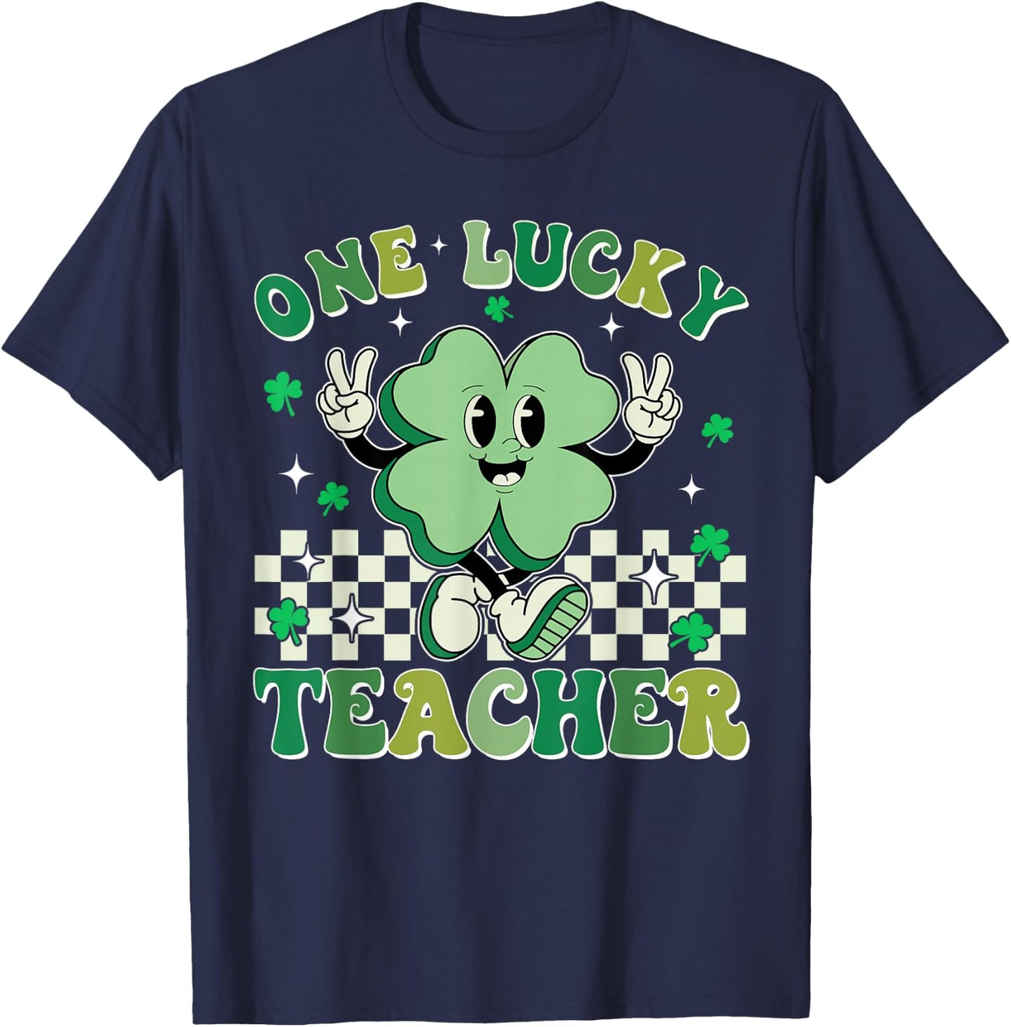 Retro Groovy One Lucky Teacher Shamrock Face St Patrick Day T-Shirt - T-Shirt | Navy