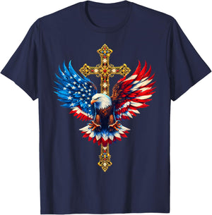 Bald Eagle Christian Faith Ctoss USA Flag Patriotic American T-Shirt - T-Shirt | Navy