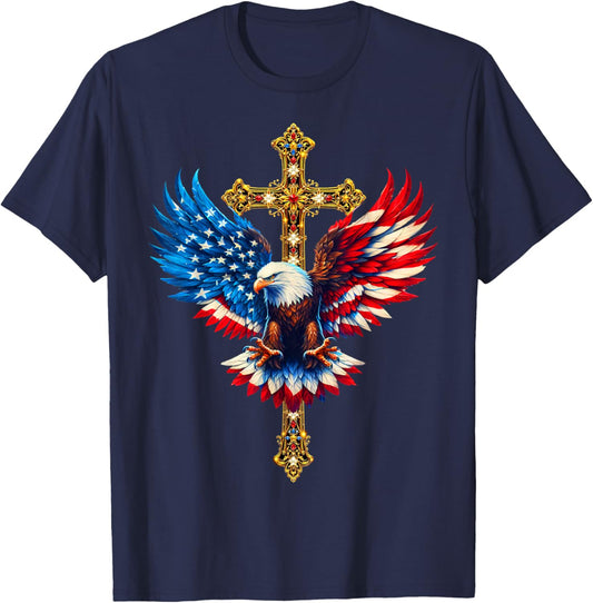 Bald Eagle Christian Faith Ctoss USA Flag Patriotic American T-Shirt - T-Shirt | Navy