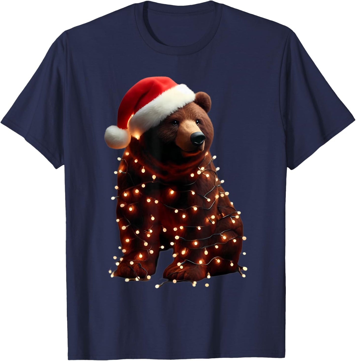 Bear With Santa Hat And Christmas Lights Xmas Brown Bears T-Shirt - T-Shirt | Navy
