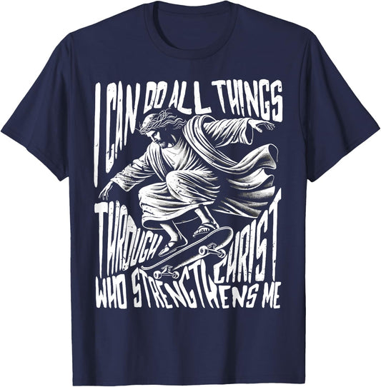 Fun jesus skateboard skateboarding christian through christ T-Shirt - T-Shirt | Navy