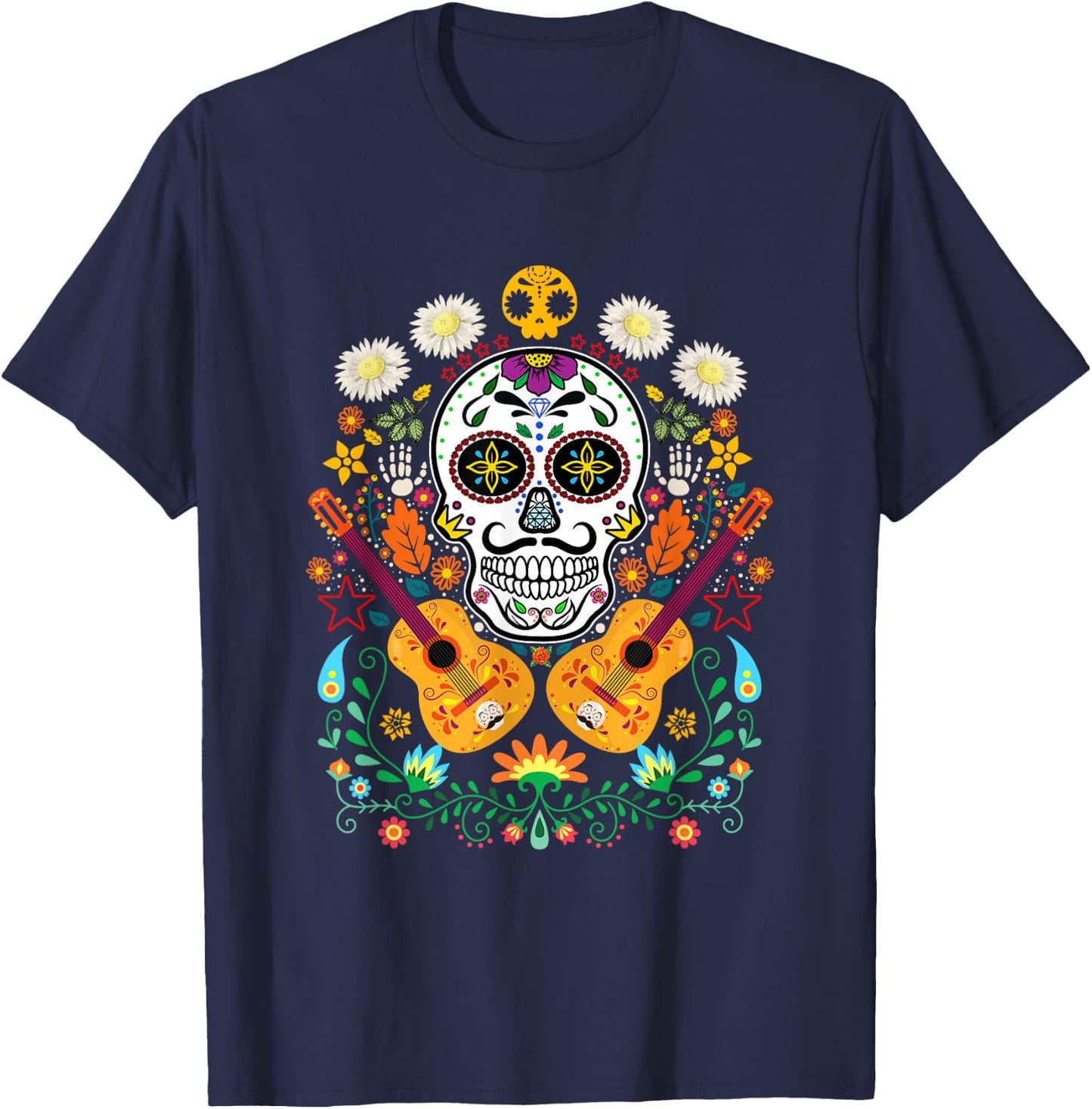 Flower Guitar Skull Day of the Dead Gifts Mariachi T-Shirt - T-Shirt | Navy