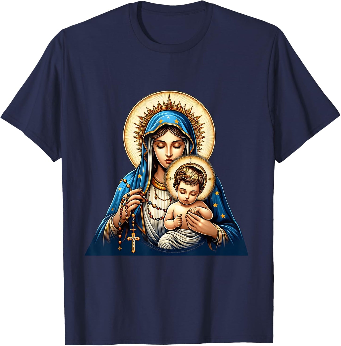 Holy Rosary Virgin Mary Baby Jesus Catholic Rosary Mysteries T-Shirt - T-Shirt | Navy
