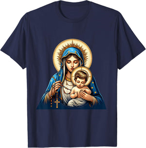 Holy Rosary Virgin Mary Baby Jesus Catholic Rosary Mysteries T-Shirt - T-Shirt | Navy