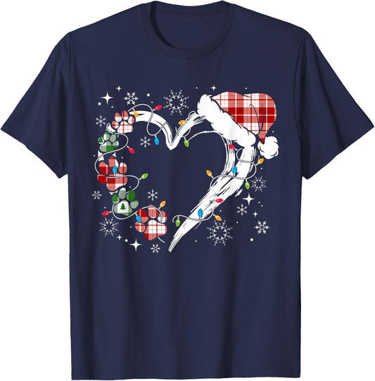 Dog Paw Print Heart Santa Hat Christmas Lights Animal Lover T-Shirt - T-Shirt | Navy