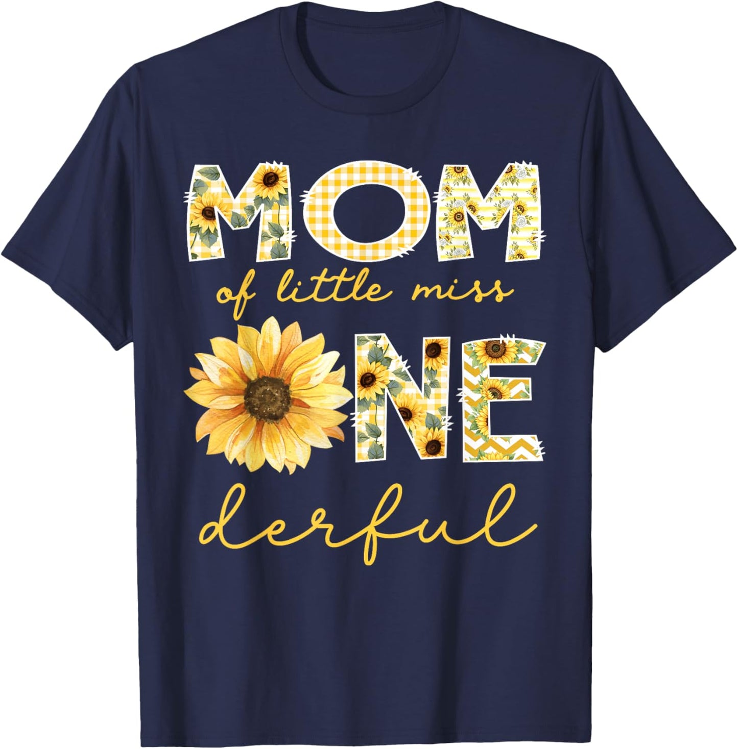 Mom of Little Miss Onederful 1st Birthday Girl Sunflower T-Shirt - T-Shirt | Navy