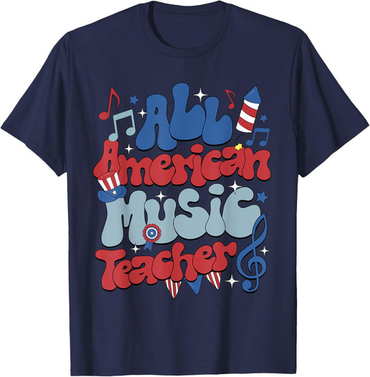 Retro All American Music Teacher Independence Day T-Shirt - T-Shirt | Navy
