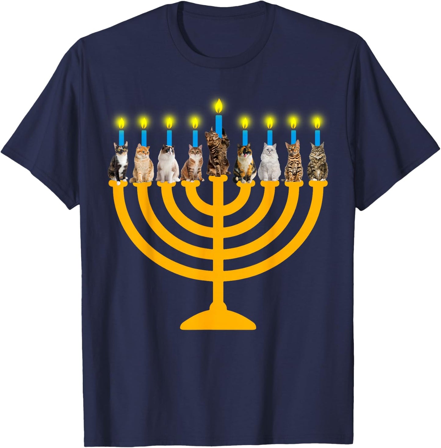 Meowzel Tov Jew Cats Kippah Menorah Chanukah Hanukkah Pajama T-Shirt - T-Shirt | Navy