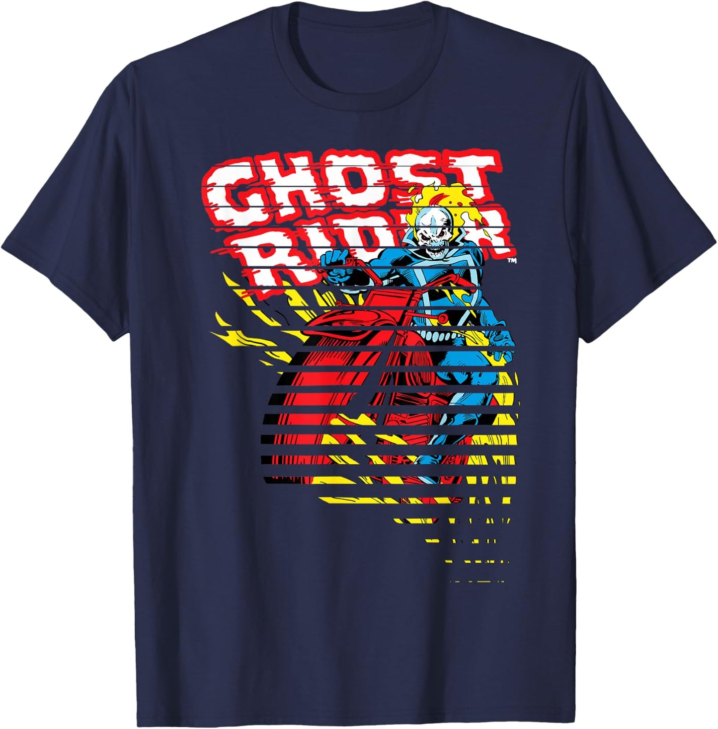 Ghost Rider Motorcyle On Fire Halftoned Split-Up T-Shirt - T-Shirt | Navy