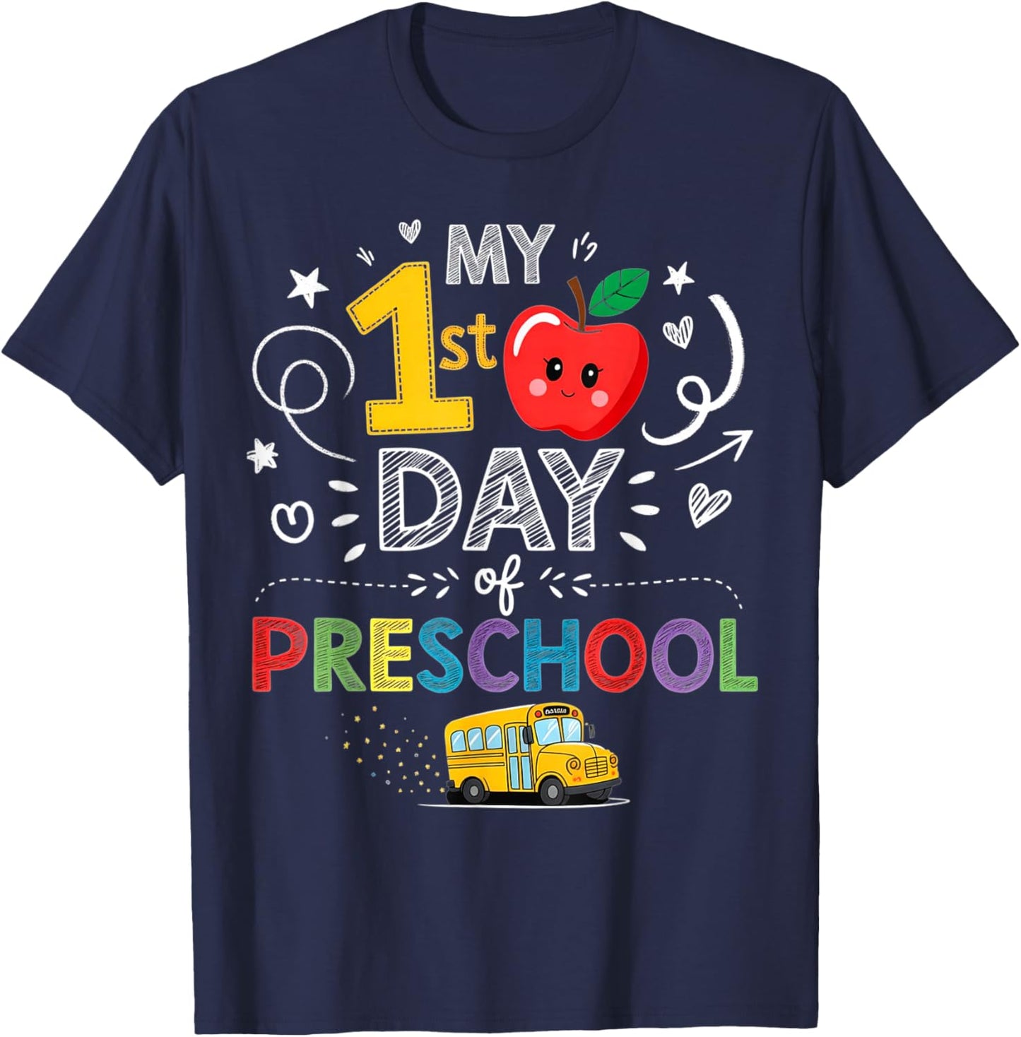 My First Day of Preschool School Bus Apple Kids Girl Boy T-Shirt - T-Shirt | Navy