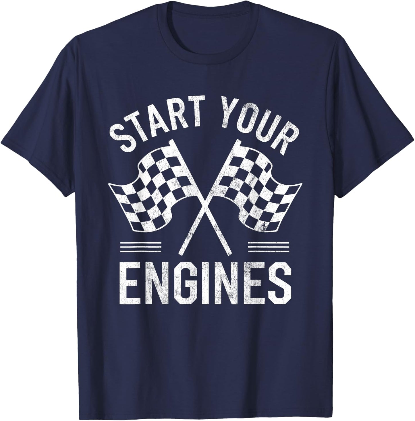 Start Your Engines Vintage Checkered Flag Race Car T-Shirt - T-Shirt | Navy