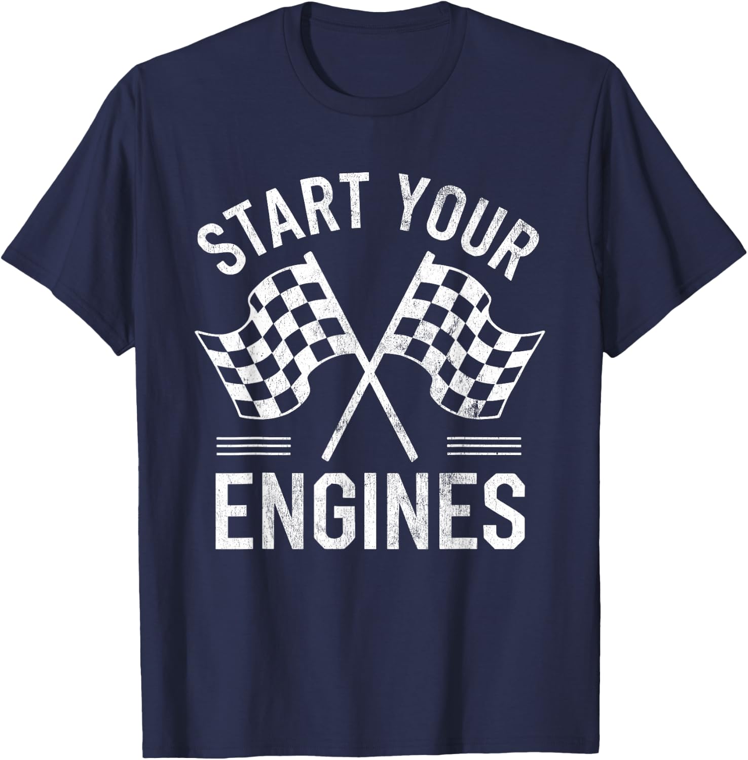 Start Your Engines Vintage Checkered Flag Race Car T-Shirt - T-Shirt | Navy