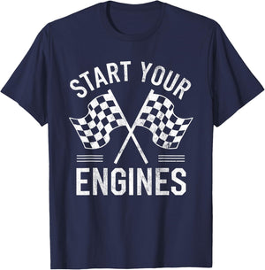 Start Your Engines Vintage Checkered Flag Race Car T-Shirt - T-Shirt | Navy
