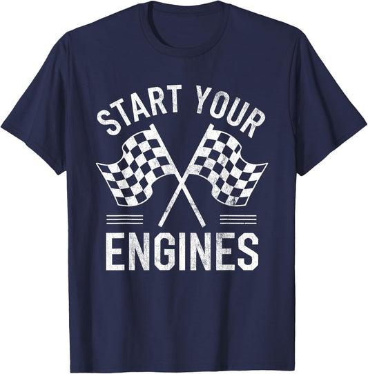 Start Your Engines Vintage Checkered Flag Race Car T-Shirt - T-Shirt | Navy