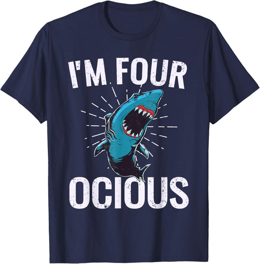 Shark Boys Kids 4th Birthday 4 Year Old Party T-Shirt - T-Shirt | Navy