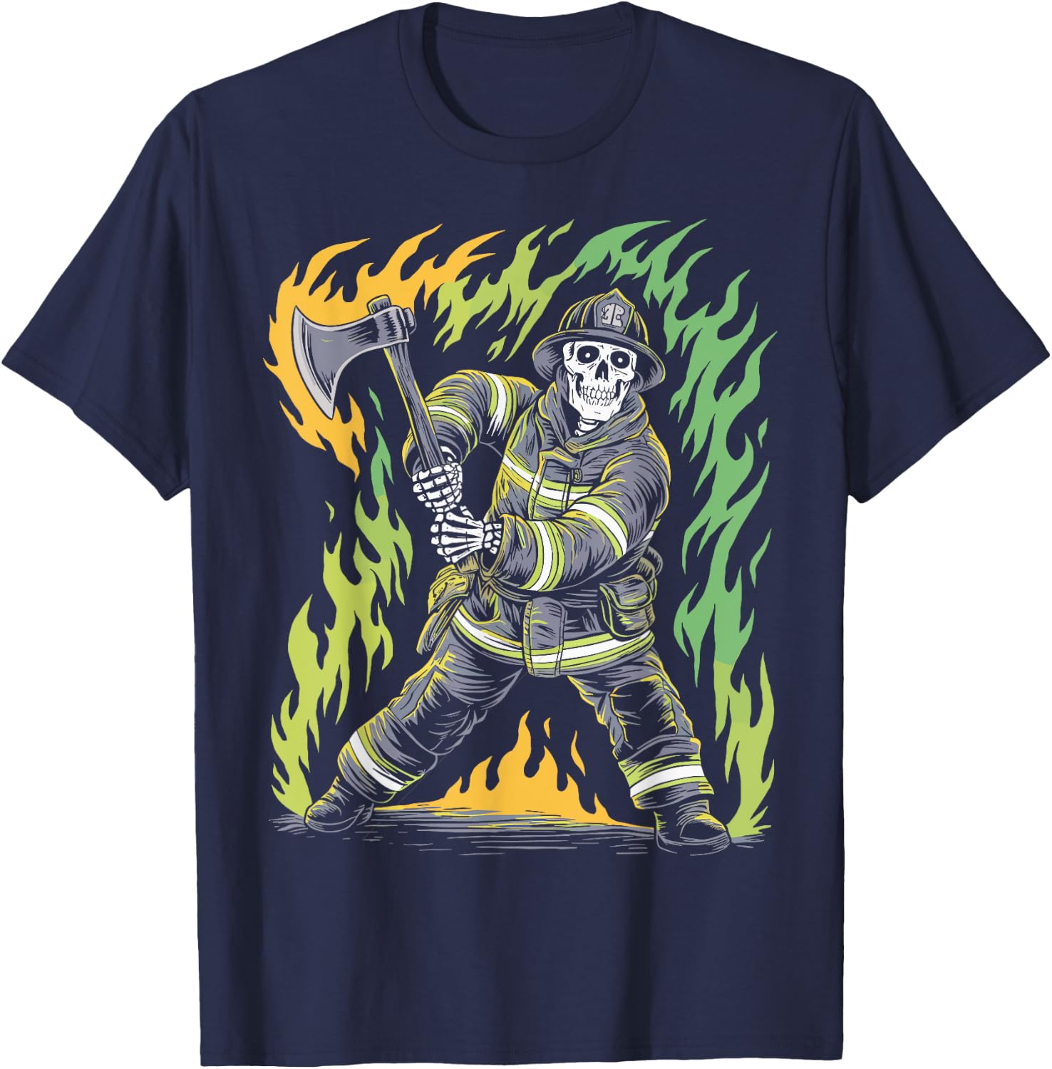 Skeleton Firefighting Lovers Spooky Halloween Firefighter T-Shirt - T-Shirt | Navy