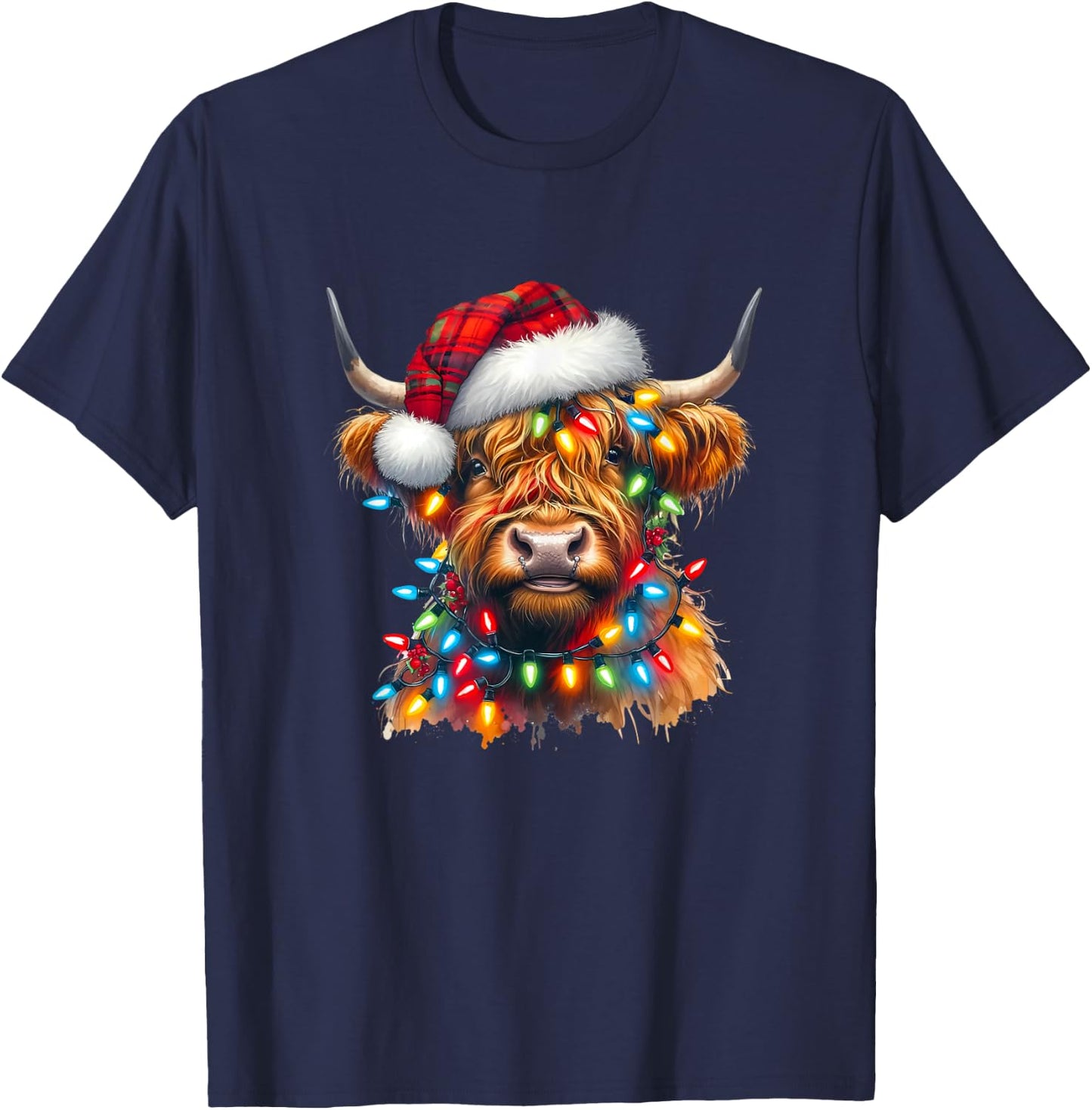 Highland Cow Christmas Xmas Santa Wooly Farm Animal Kids T-Shirt - T-Shirt | Navy