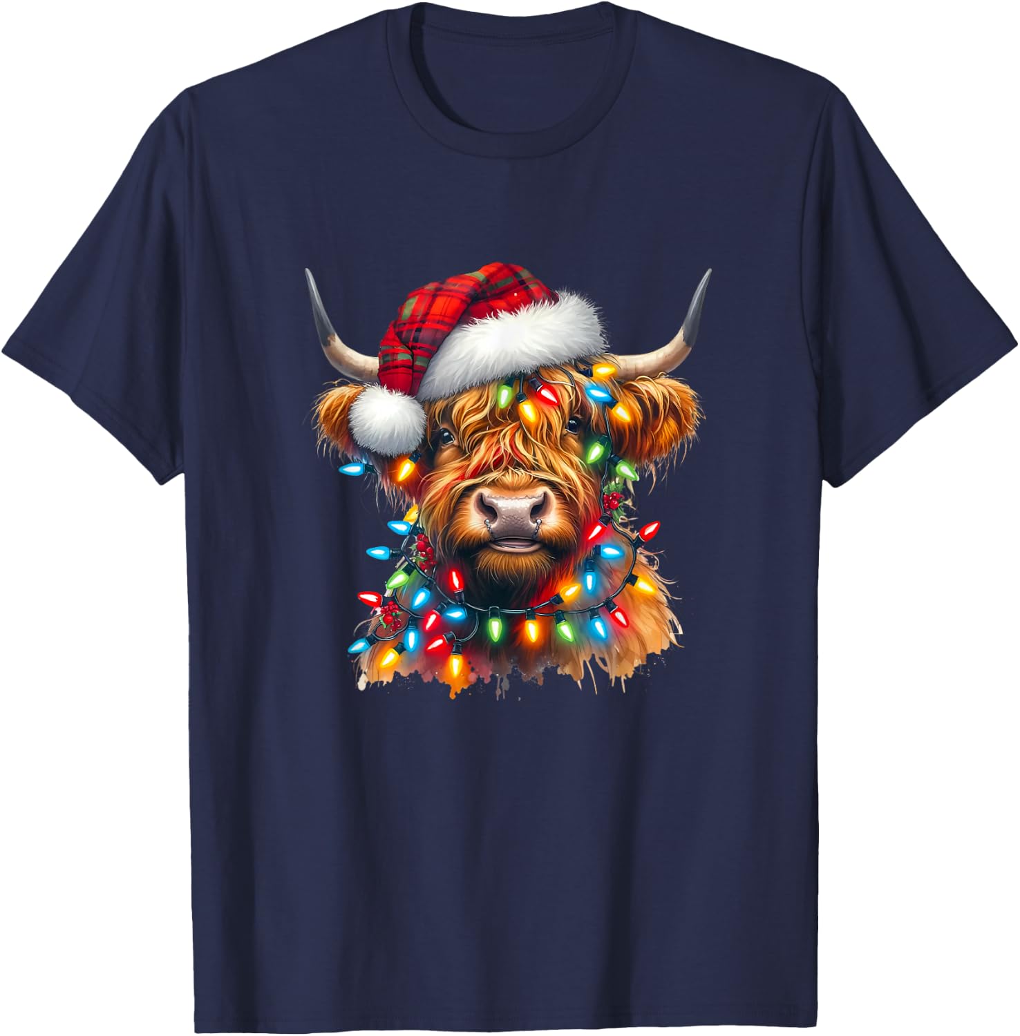 Highland Cow Christmas Xmas Santa Wooly Farm Animal Kids T-Shirt - T-Shirt | Navy
