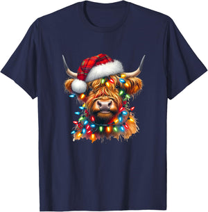 Highland Cow Christmas Xmas Santa Wooly Farm Animal Kids T-Shirt - T-Shirt | Navy