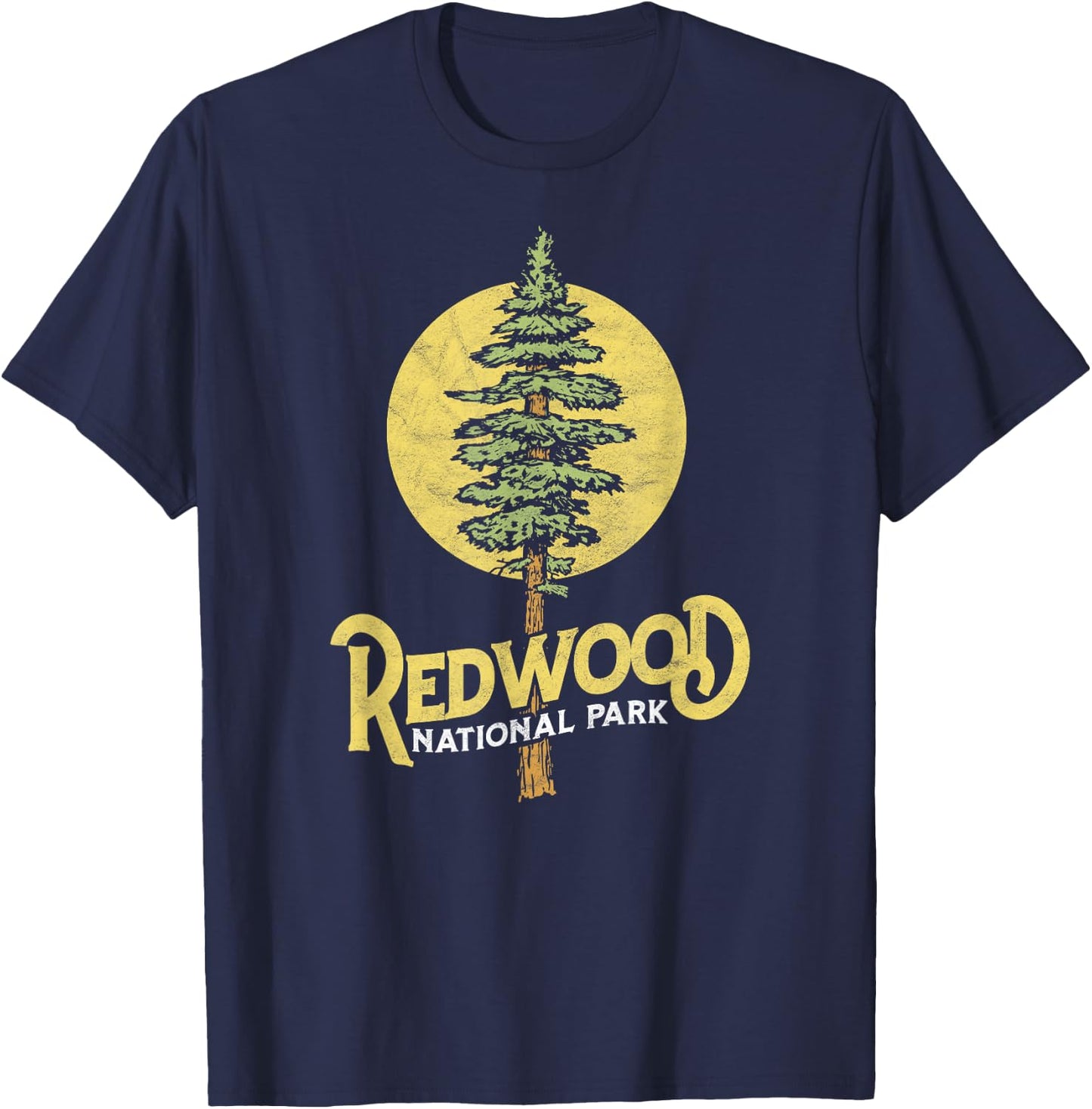 Redwood National Park Retro Vibe Distressed Tree Graphic T-Shirt - T-Shirt | Navy