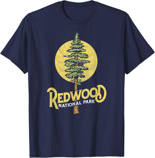 Redwood National Park Retro Vibe Distressed Tree Graphic T-Shirt - T-Shirt | Navy
