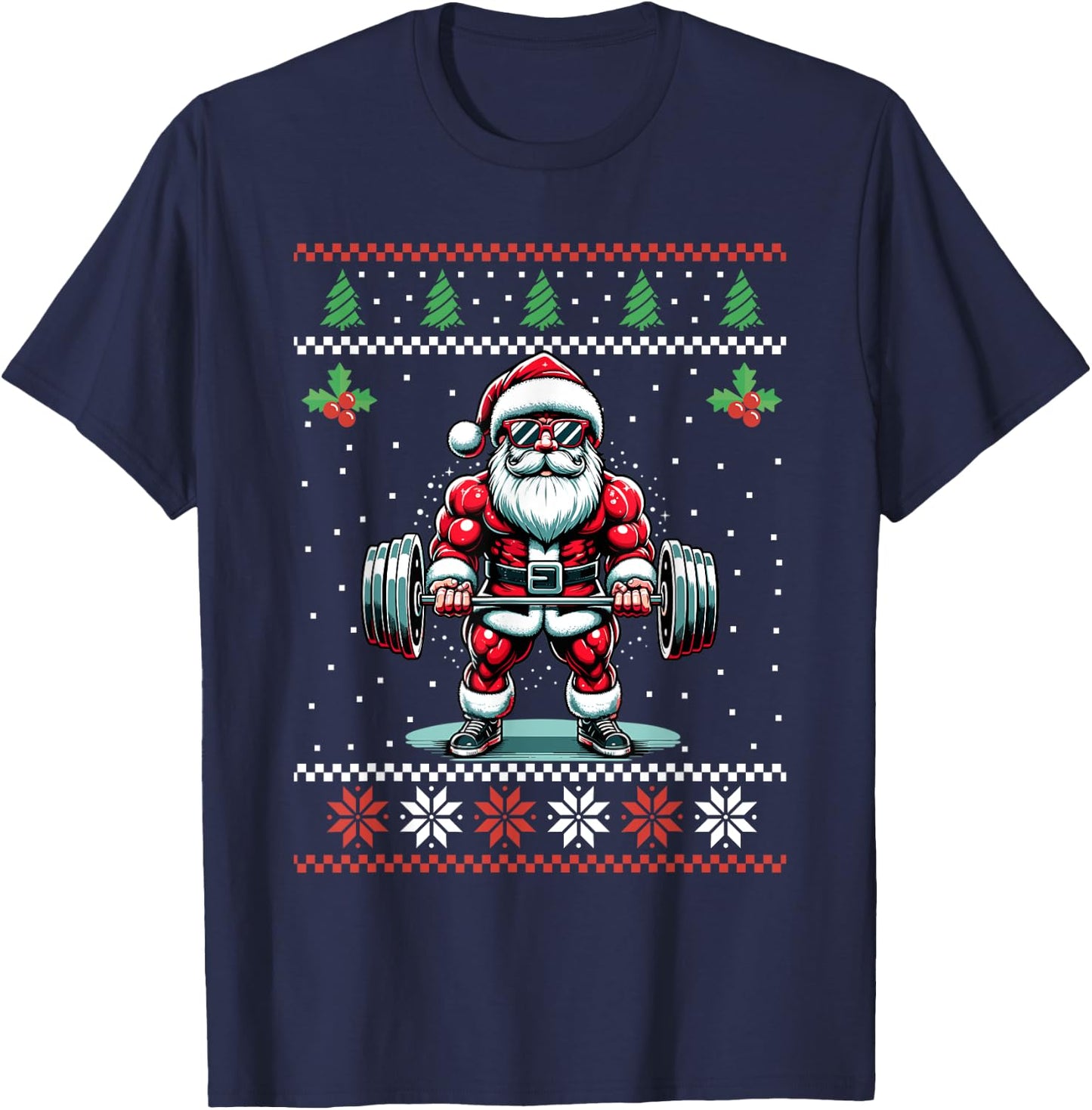 Santa Weightlifting Fitness Gym Ugly Christmas Sweater Xmas T-Shirt - T-Shirt | Navy