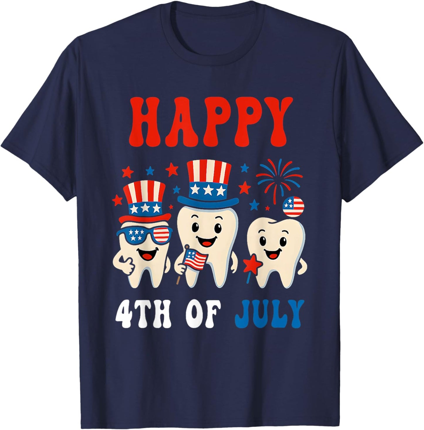 Happy 4th of july Dental Tooth American Flag Dentist T-Shirt - T-Shirt | Navy