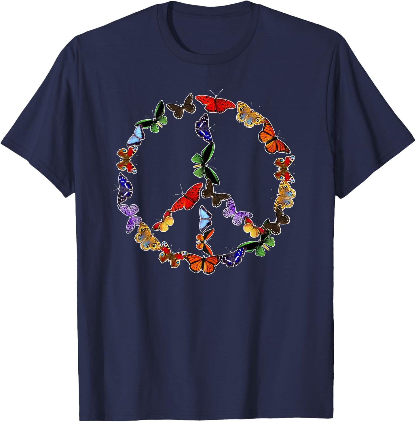 Butterflies Peace Sign Gift Hippie Love 60's 70s Groovy Cool T-Shirt - T-Shirt | Navy