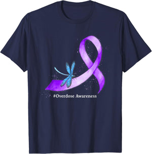 Hippie Dragonfly Purple Ribbon Overdose Awareness T-Shirt - T-Shirt | Navy