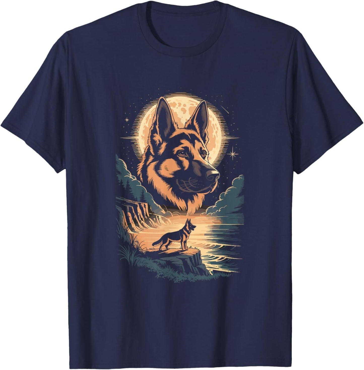 Moonlit German Shepherd Dog Night Lake Scene T-Shirt - T-Shirt | Navy