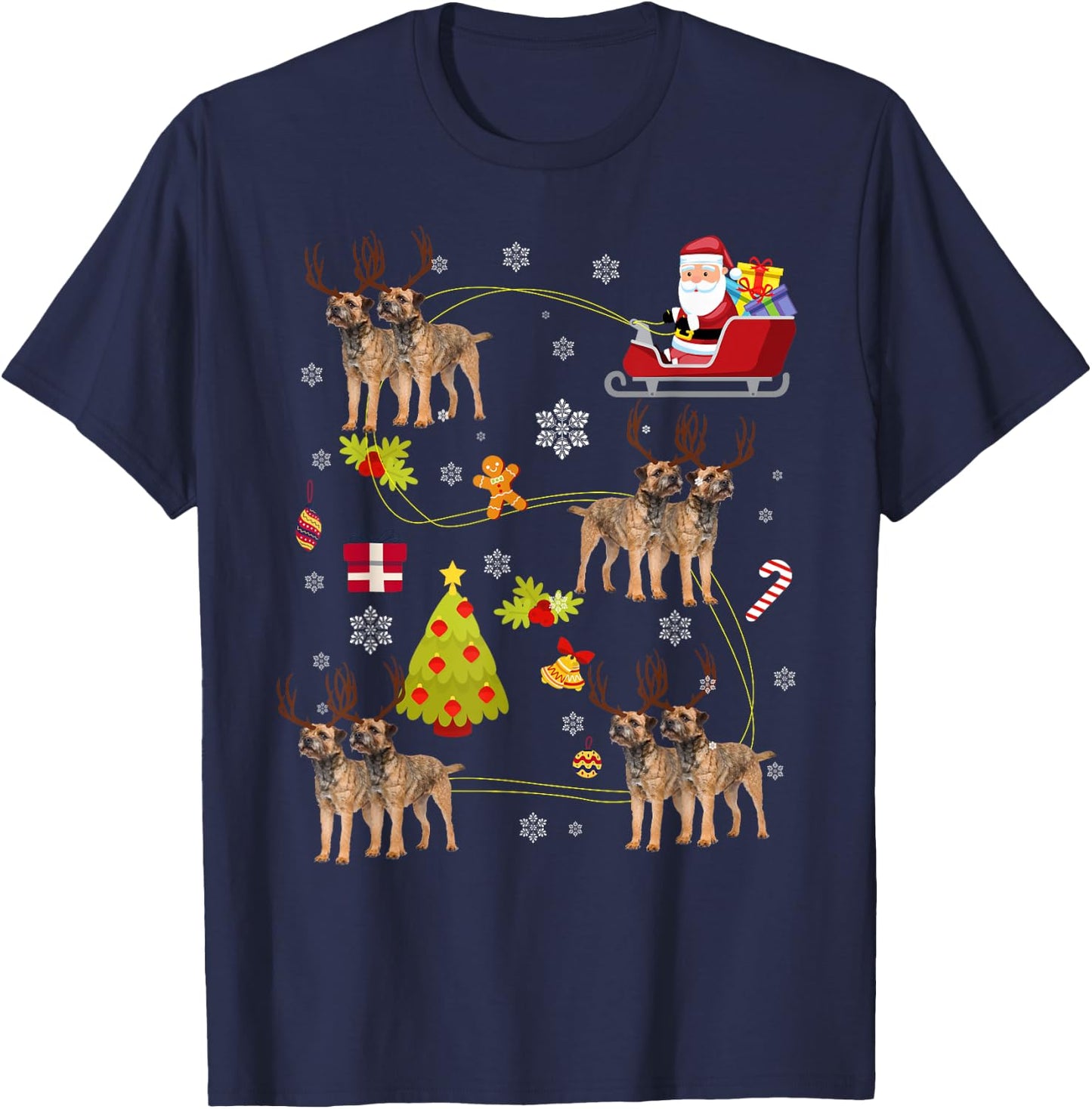 Santa Hat Border Terrier Christmas Tree Lights Xmas Gift T-Shirt - T-Shirt | Navy