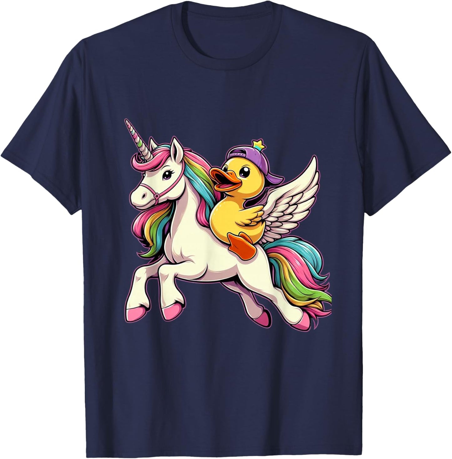 Duck Riding A Unicorn Boys Girls Men Women Kids Adults T-Shirt - T-Shirt | Navy