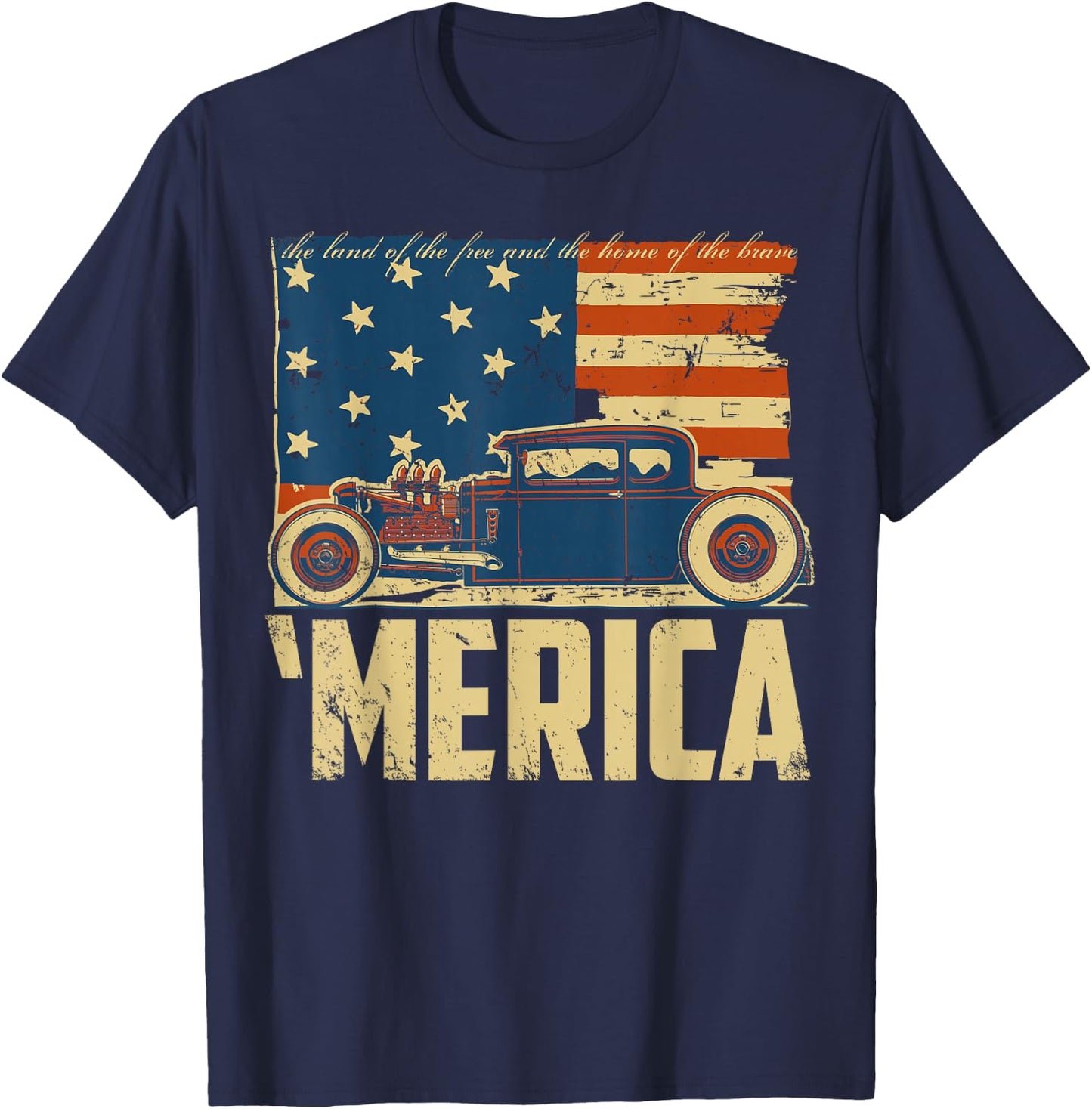 American Flag Hot Rod Custom Car Merica 4th of July T-Shirt - T-Shirt | Navy