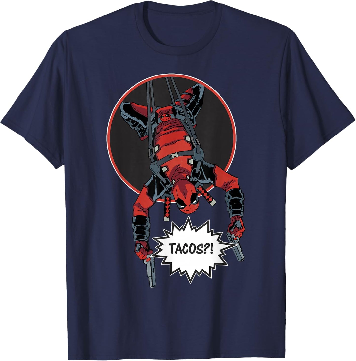 Marvel Deadpool Slinging Upside-Down Tacos?! T-Shirt - T-Shirt | Navy