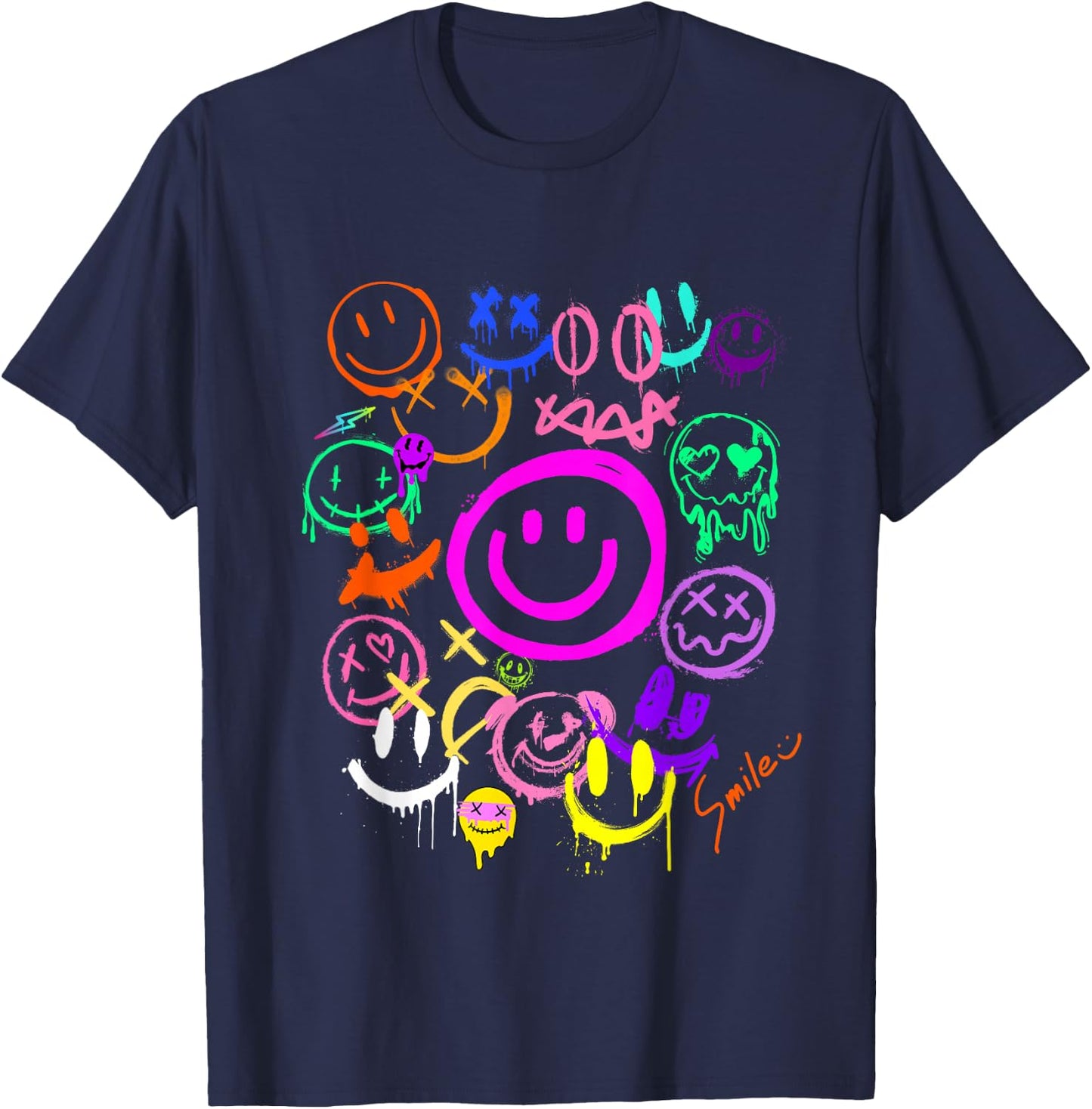 Smile Face Emoticons Fun Vivid Graffiti Smileys, Graphic T-Shirt - T-Shirt | Navy