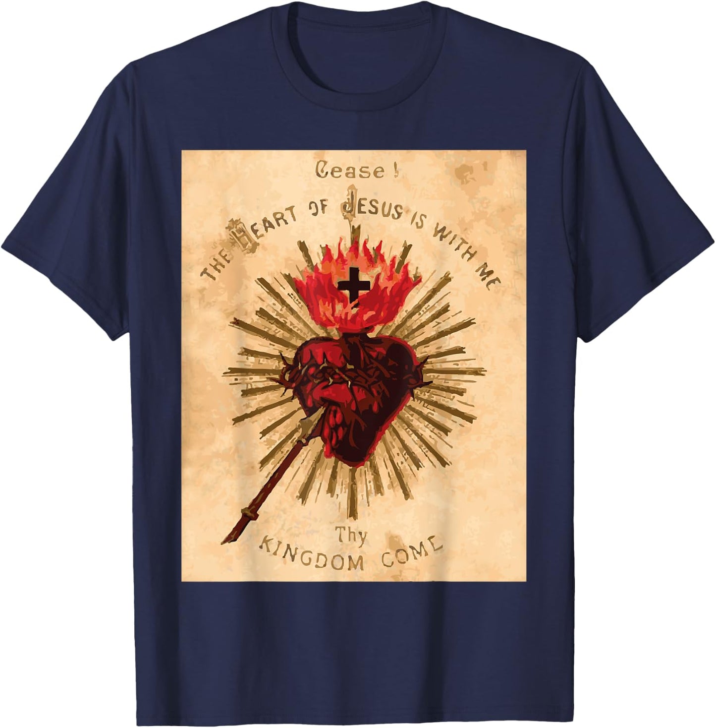 Vintage Sacred Heart of Jesus Catholic Art Traditional T-Shirt - T-Shirt | Navy