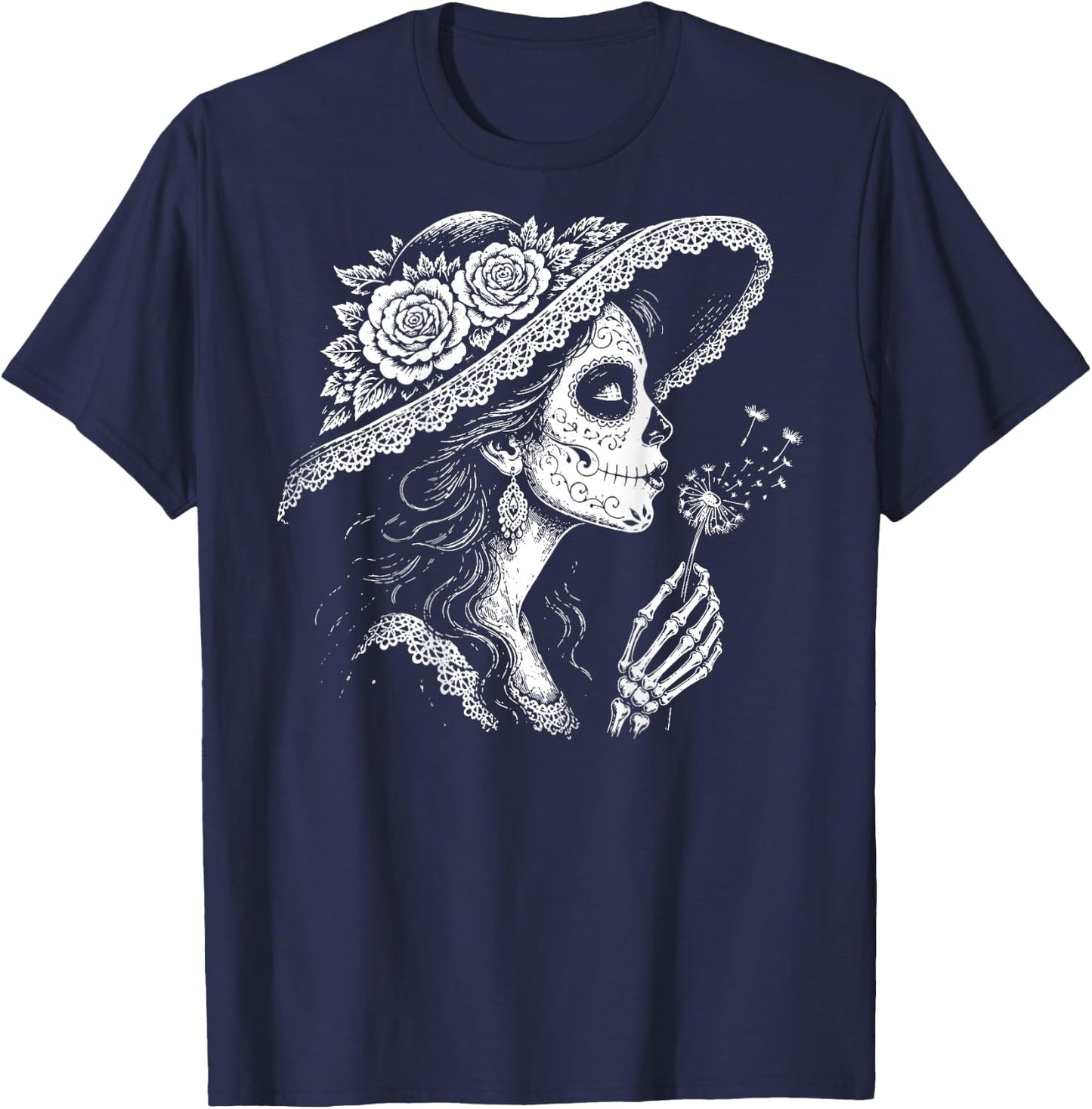 (On Back) la Catrina Blowing Wishes Dandelion Retro Vintage T-Shirt - T-Shirt | Navy