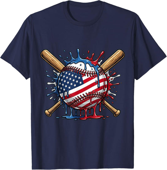 Baseball Drip American Flag Boys Kids Youth 4th of July T-Shirt - T-Shirt | Navy