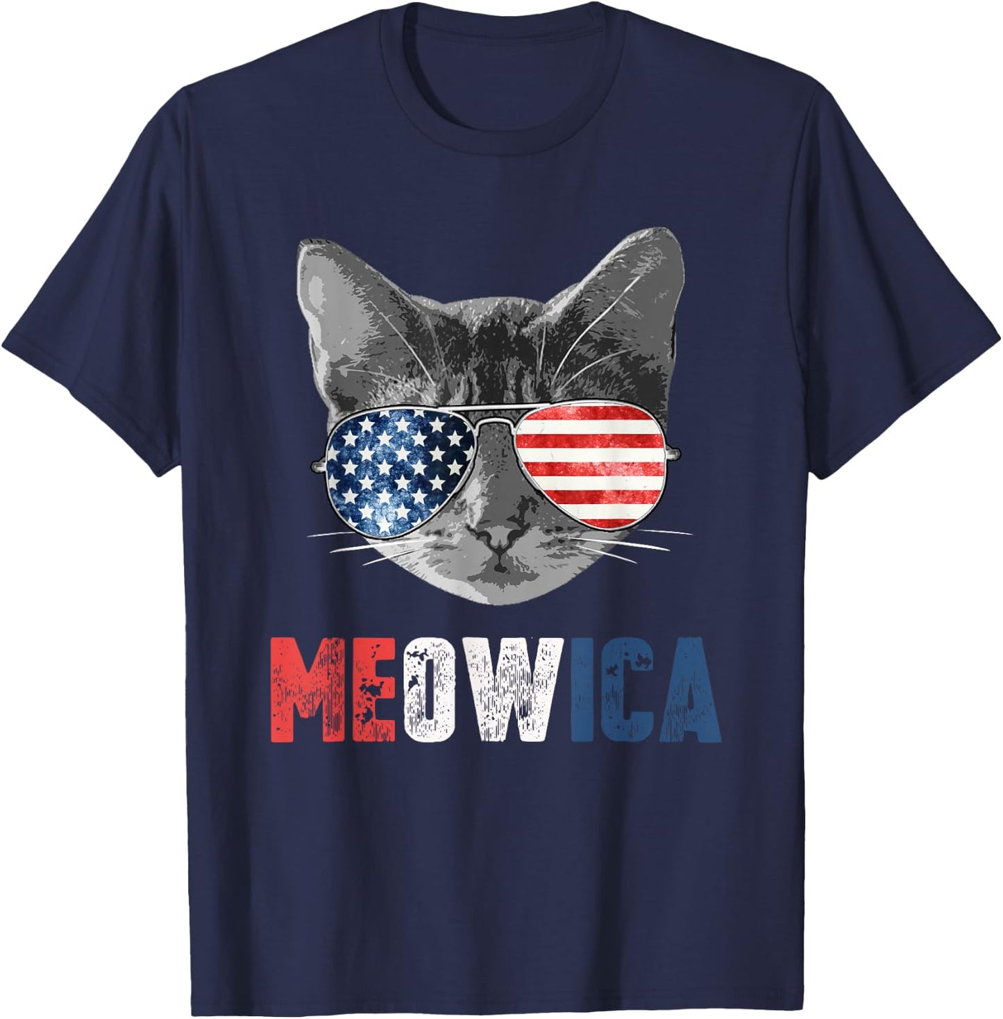 4th of July Shirt Meowica American Flag Cat T-Shirt - T-Shirt | Navy