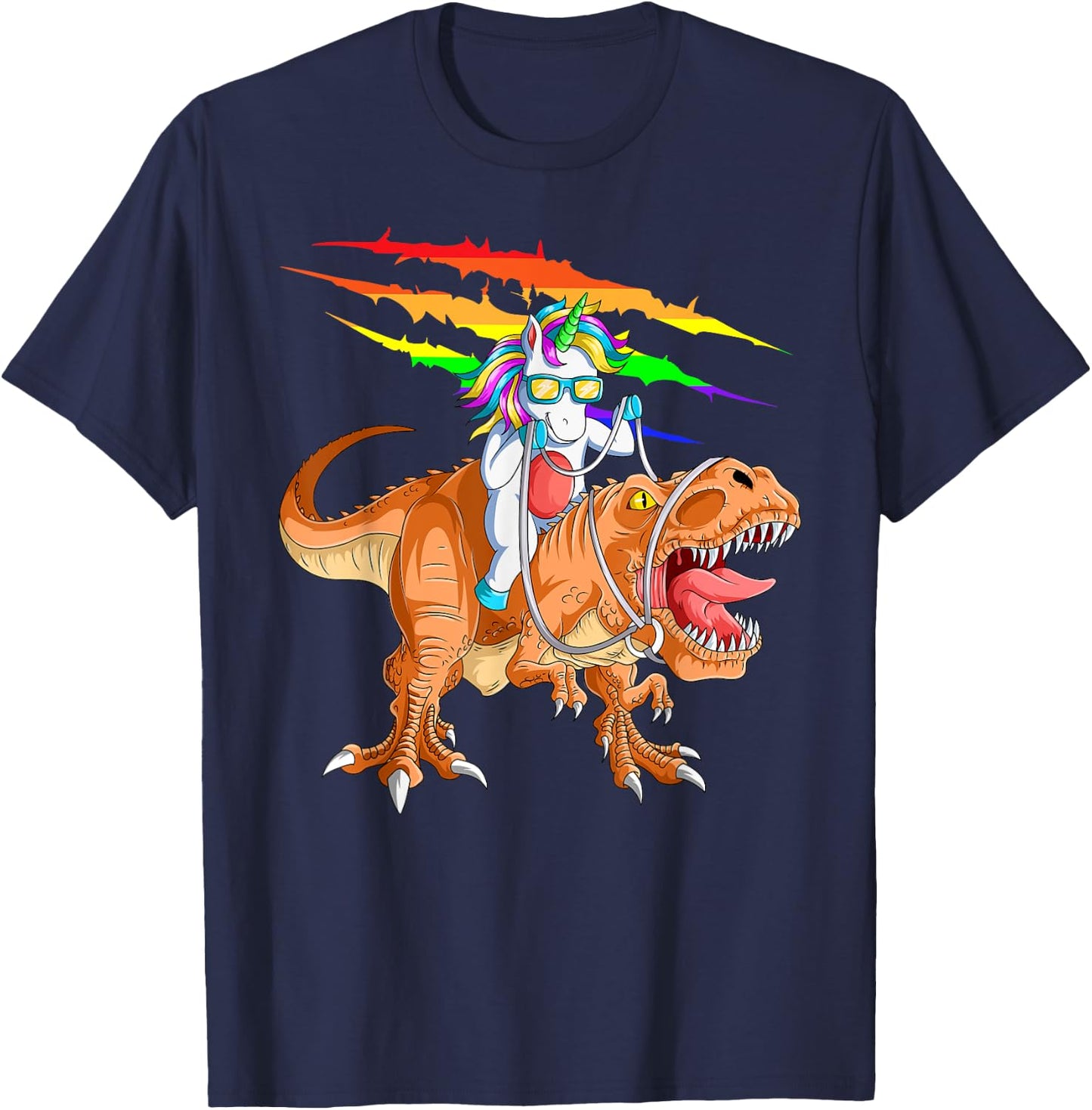Unicorn Riding T-Rex Dinosaur For Kids Boys Girls Men Women T-Shirt - T-Shirt | Navy