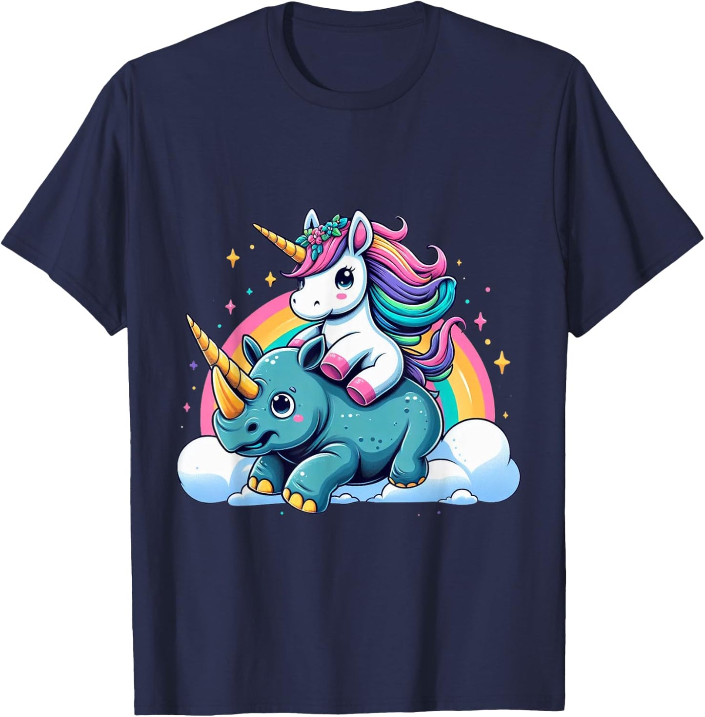 Unicorn Riding Rhino Boys Girls Men Women Kids Rainbow T-Shirt - T-Shirt | Navy