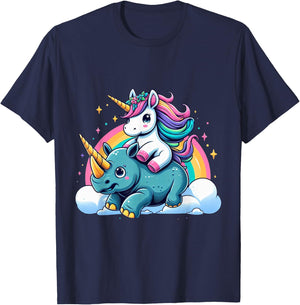 Unicorn Riding Rhino Boys Girls Men Women Kids Rainbow T-Shirt - T-Shirt | Navy