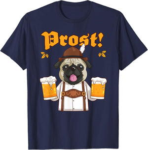 Prost Pug Lederhosen Funny Dog Beer Shirt T-Shirt - T-Shirt | Navy