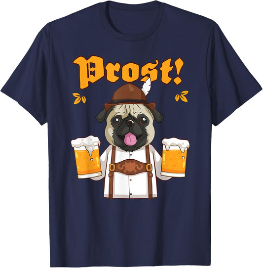 Prost Pug Lederhosen Funny Dog Beer Shirt T-Shirt - T-Shirt | Navy