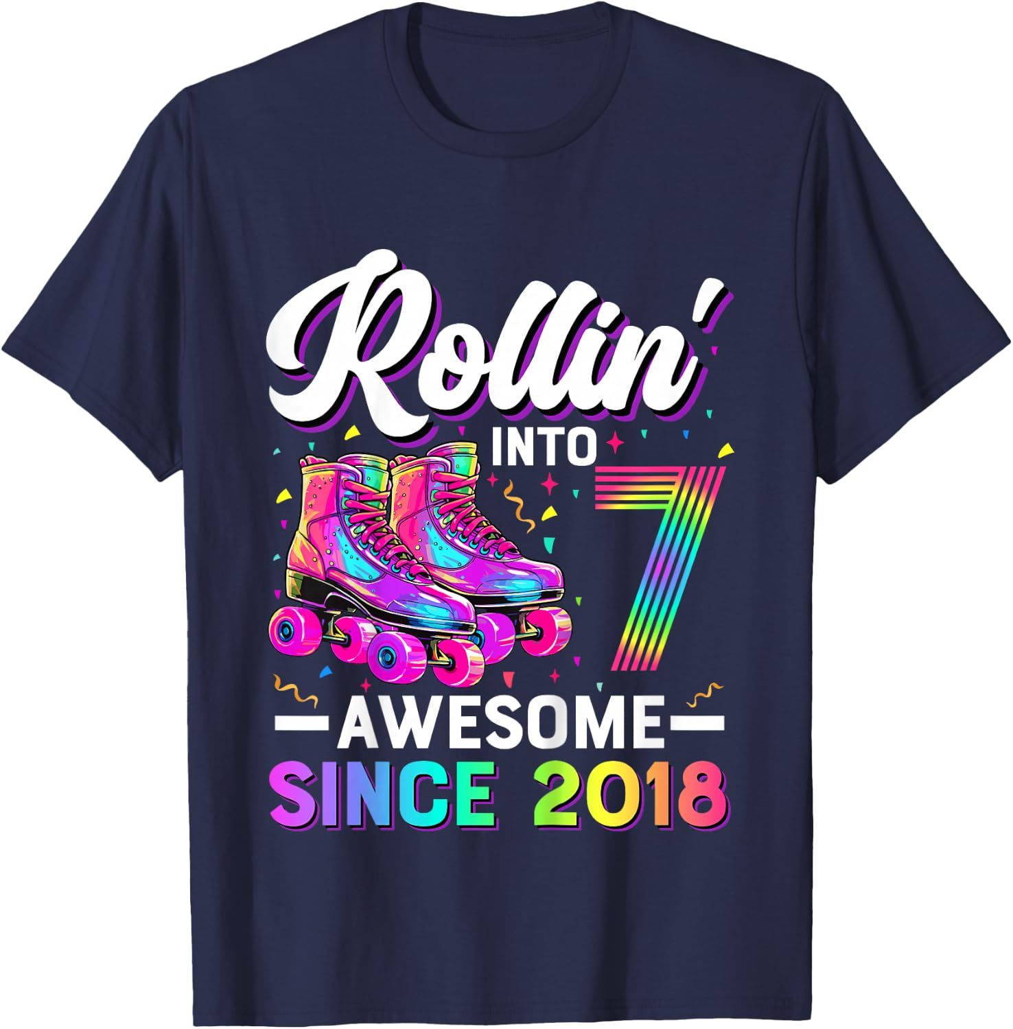 7th Birthday Shirt Girl 7 Year Old Roller Skate Skating T-Shirt - T-Shirt | Navy