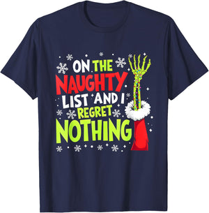 Groovy Christmas Shirts Pajamas Pjs Funny On The List Of Naughty And I Regret Nothing Xmas Meme T-Shirt - T-Shirt | Navy