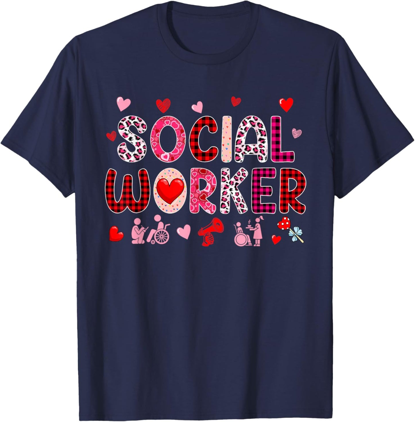 Social Worker Tools Valentine's Day Leopard Cute Hearts T-Shirt - T-Shirt | Navy