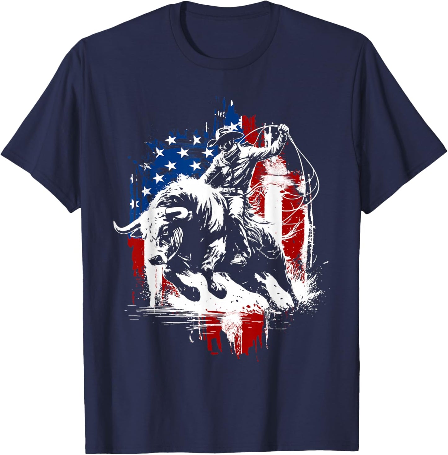 4th of July Funny Bulls Riding Western Cowboy Rodeo USA Flag T-Shirt - T-Shirt | Navy
