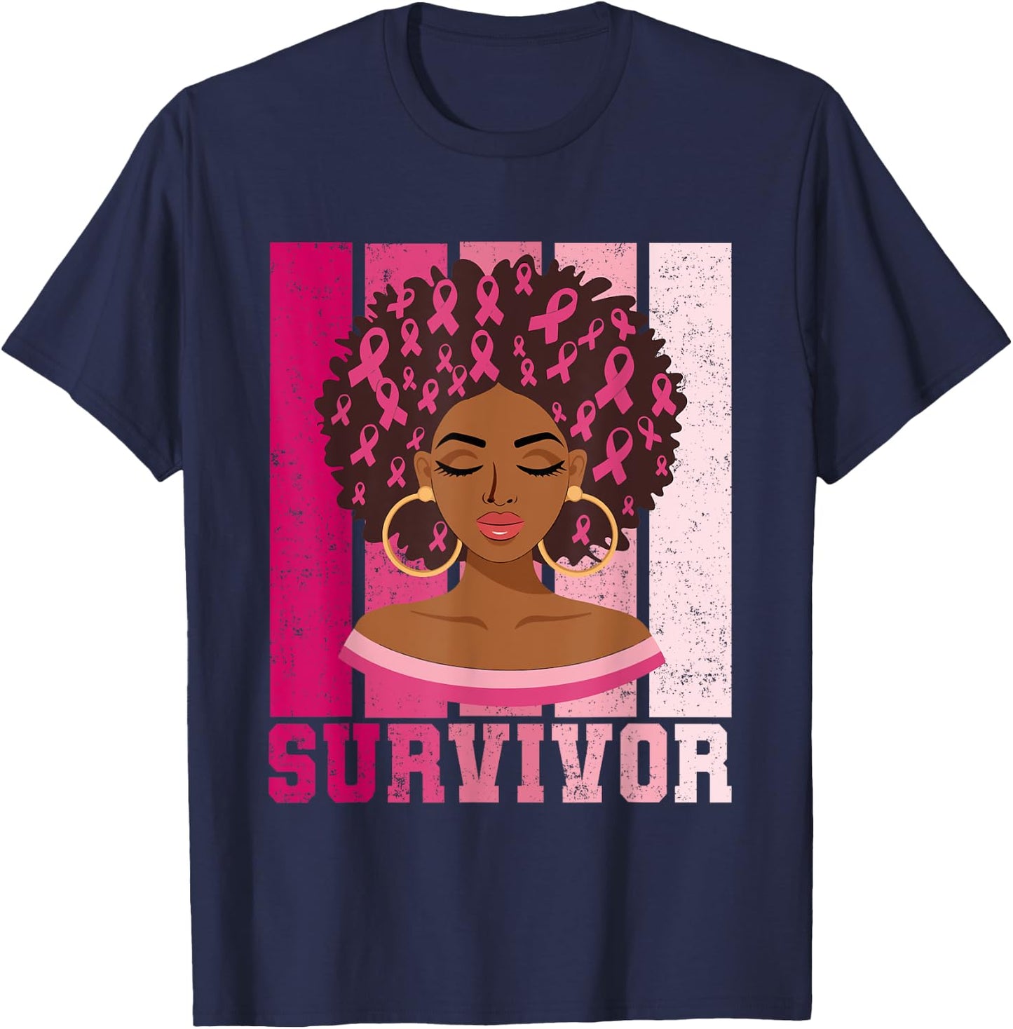 Black Woman Pink Ribbon October Breast Cancer Survivor T-Shirt - T-Shirt | Navy