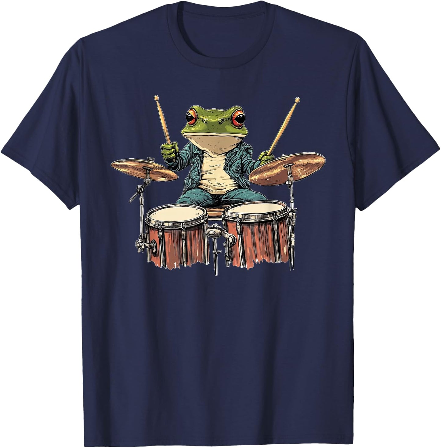 Cute Frog Playing Drums Frogs Drummer Music T-Shirt - T-Shirt | Navy